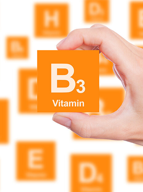 Hand holding cube with Vitamin B3 written on it
